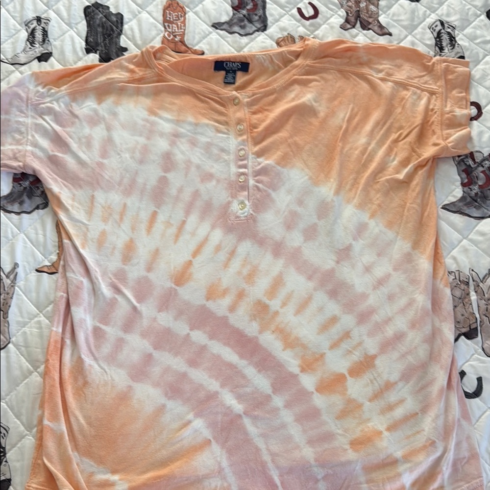 Chaps Peach Tie-Dye Henley Top